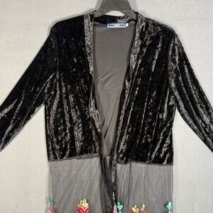 Highness Cardigan Women 1X Blk Velvet Mesh Embroidered Longline Open Front Boho